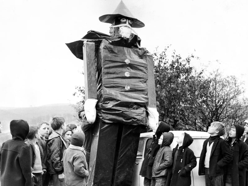 Children of the Fairthorn Convalescent Home, Dore, look up in amazement at the giant Guy Fawkes which has been made for the bonfire and firework display organised by the Riverdale Round Table, Limb Lane, November 2, 1968