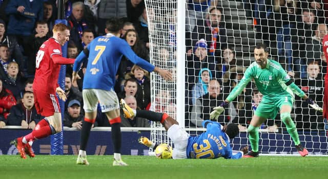 David Bates is adjudged to have brought down Rangers' Fashion Sakala. Picture: SNS