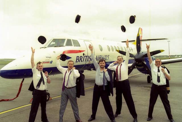 British Airways flight from Sheffield City Airport. From left: 1st officer Chris Kelly, BRAL Chief Executive Terry Liddiard, Sheffield City Airport MD Jon Horne, BRAL Commercial Director Mike Bathgate & Captain Doud Baden