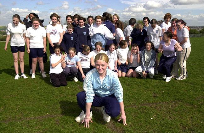 Pictured  at Westfield School, Mosborough, where pupils are in training for the Race for Life run in aid of Cancer Research. Seen at the front of the group is Clare Wright, April 29, 2002