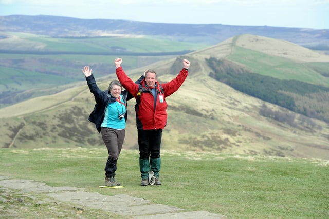 Pictured Caroline and Nick Harley celebrating reaching the the top of Mam Tor in 2013