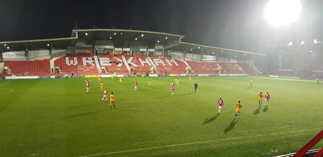 Hartlepool United in action at Wrexham on Tuesday night.