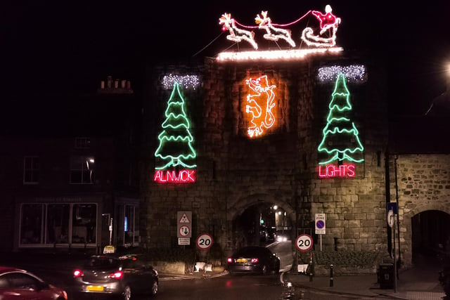 The Bondgate Tower lit up for the festive season.