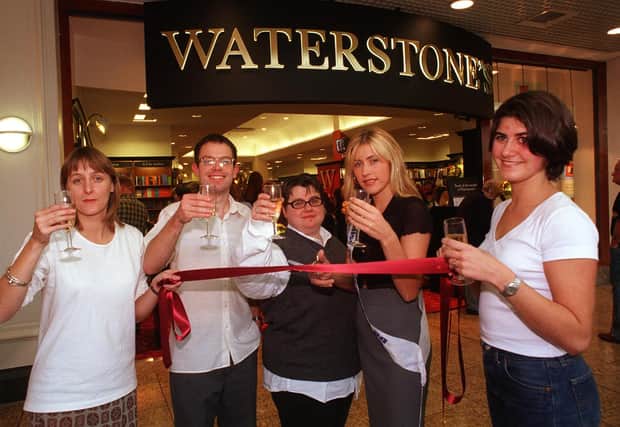 The opening of Waterstone's Book shop, The Arcade, Meadowhall in 1998. Seen LtoR are, Jo Humpreys-Davies, James Faraday, Kirsty Farrelly, Julie Melvin Miss Sheffield who cut the tape to open the shop, and Alex Eyre.