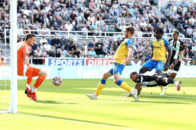There’s very little wrong with this goal. The build-up is tidy and well worked and it’s a solid old-fashioned diving header from Newcastle's centre-forward, what is there not to like? (Photo by George Wood/Getty Images)