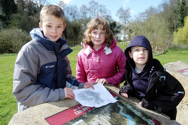 Ice Age Easter at Creswell Crags.  Sam Ellis, Jessica Bacon and Daniel Ellis on the Ice Age clues hunt at Creswell Crags in 2006