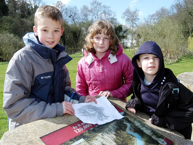 Ice Age Easter at Creswell Crags.  Sam Ellis, Jessica Bacon and Daniel Ellis on the Ice Age clues hunt at Creswell Crags in 2006