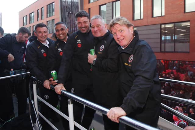 Sheffield United manager Paul Heckingbottom with his staff Jack Lester, Matt Duke, Paul Mitchel and Stuart McCall: Paul Thomas /Sportimage