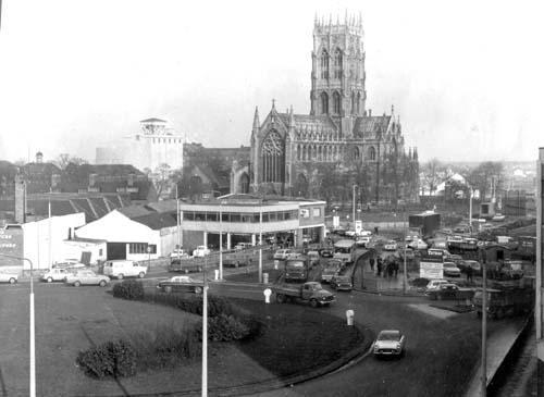 St Georges View North Bridge roundabout with Jackson's garage nestling in the shadow of St George's Church.
