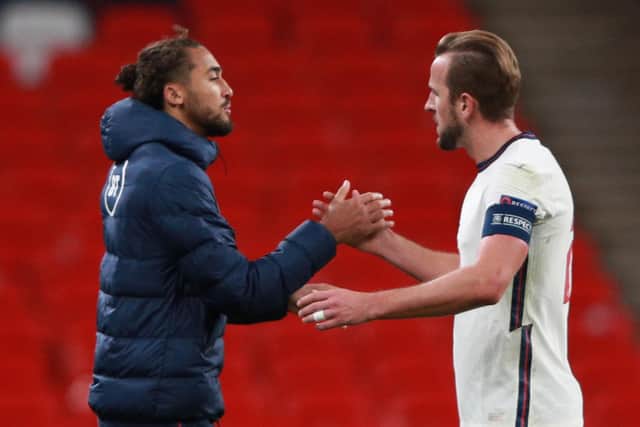 Harry Kane (right), pictured with Dominic Calvert-Lewin, takes penalties for England - they're nailed on for a couple (Photo by IAN WALTON/POOL/AFP via Getty Images)