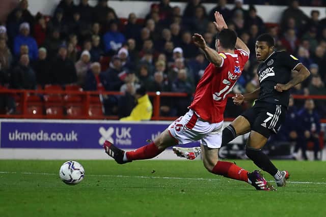 Nottingham, England, 2nd November 2021. Rhian Brewster of Sheffield United  has a shot on goal during the Sky Bet Championship match at the City Ground, Nottingham. Picture credit should read: Simon Bellis / Sportimage