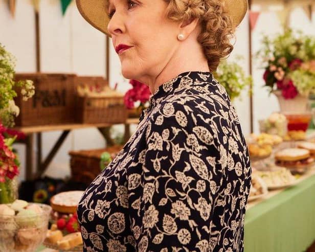 Mrs Pumphrey (Patricia Hodge) in the cricket marquee, filmed at Fountains Abbey Deer Park