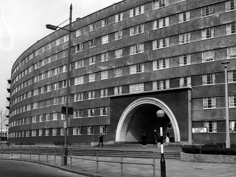 This view of Quarry Hill Flats was taken from St Peter's Street in June 1967. The flats were constructed in the mid to late 1930s and were the largest and most modern in Europe at the time. The flats housed 3,000 people. They were demolished in 1978 and Leeds Playhouse now stands on the site.