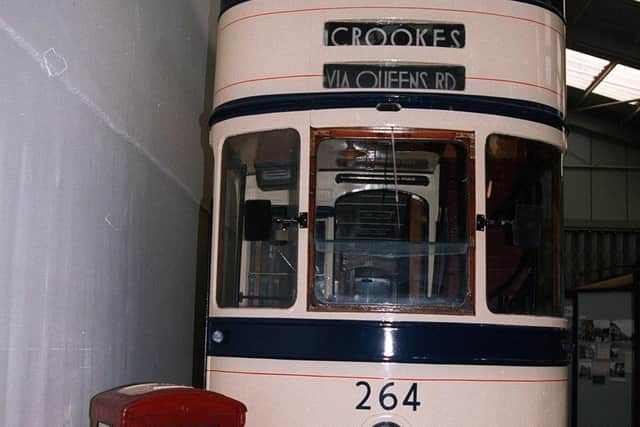 Sheffield tram no 264, of 1937, in the then new livery of blue and cream, at Crich Tram Museum