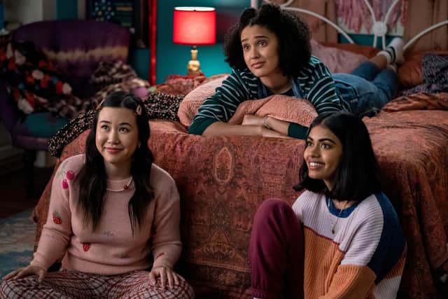 Never Have I Ever with Ramona Young as Eleanor Wong, Lee Rodriguez as Fabiola Torres, Megan Sur as Aneesa.