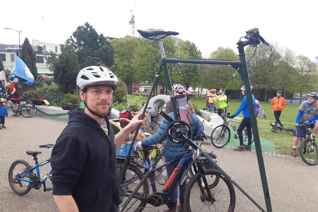 Hugo Pullen and his specially elevated bike at the Space for Cycling big ride through Sheffield