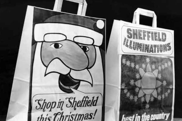 Carrier bags advertising Sheffield's Christmas lights and shopping in 1971