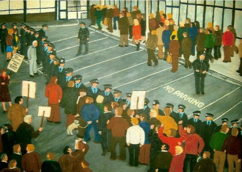 A painting depicting the tension between miners and the police during the historic strikes.