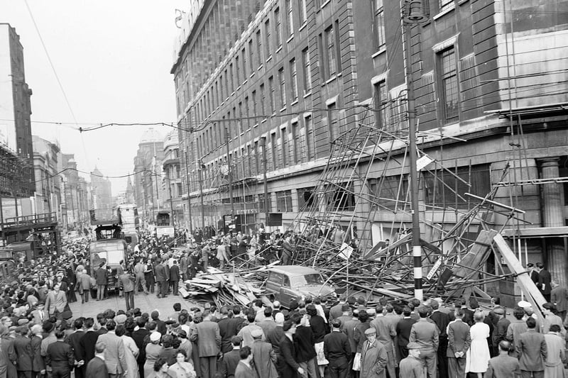 Scaffolding collapse at Argyle Street Glasgow - General view of twisted mass of scaffolding heaped outside Lewis' Store.