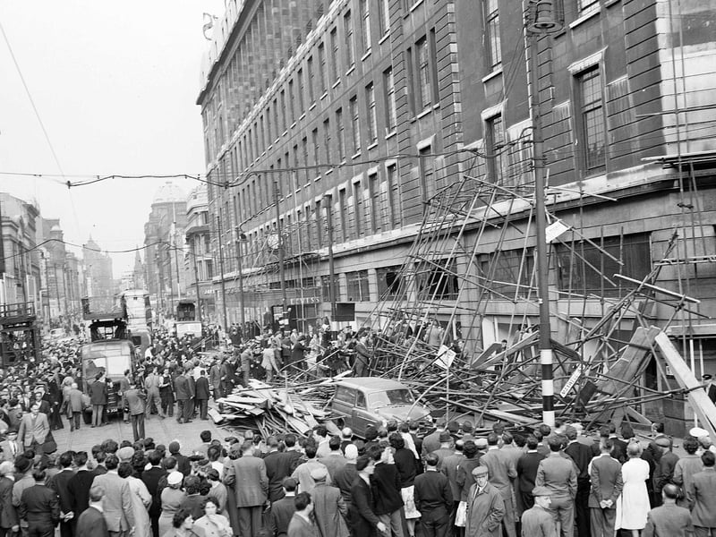 Scaffolding collapse at Argyle Street Glasgow - General view of twisted mass of scaffolding heaped outside Lewis' Store.