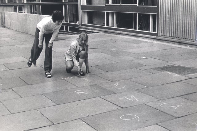 Hopscotch with Mary Coleman, of Hague Row, and Julie Worthy, of Long Henry Row, Sheffield, in August 1973