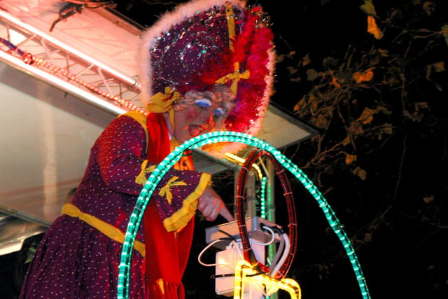 The pantomime Dame prepares to switch on the Christmas lights in Chesterfield in 2002