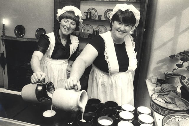 Joyce Emerson and Karen Westran making biscuits for the Abbeydale Hamlet working day in 1981