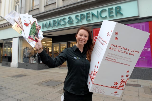 Danielle Stephenson was showing a great example of gong green with this Christmas card recycling bin at Marks and Spencers in 2011.