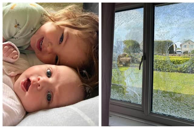 The smashed bedroom windows at Skye Thomas' home in Birley, Sheffield, and two of the children who were sleeping inside