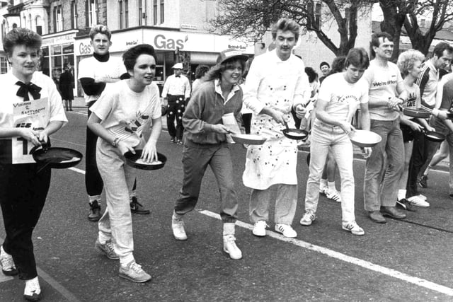 It's a big field for the 1987 Pancake Race. Were you among them?