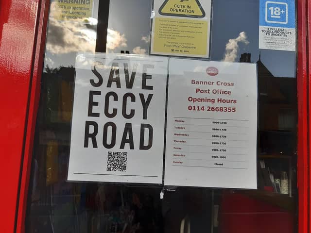 A 'Save Eccy Road' poster at Banner Cross post office on Ecclesall Road - the QR code links to a petition opposing a red line route that would stop customers of businesses parking on the road