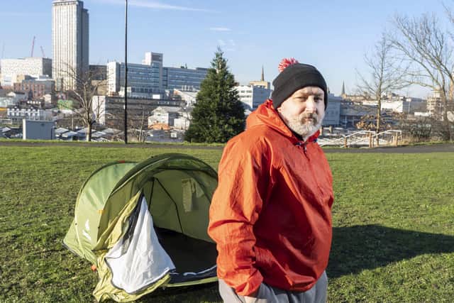 Former homeless man Chris Royston at the stteel steps behind Sheffield train station where he used to camp. Picture Scott Merrylees