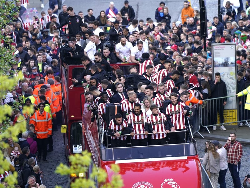 Sheffield United's players celebrate their promotion to the Premier League