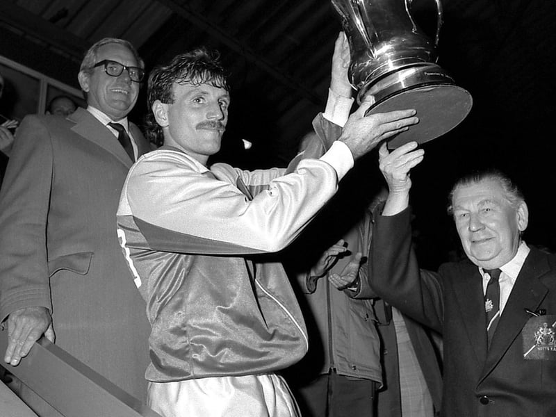 1987 Stags v Notts County in the County Cup. Stags won on penalties. Mark Kearney lifts the cup.