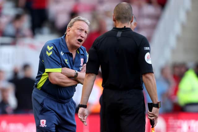 Middlesbrough manager Neil Warnock has a word with the linesman during the Sky Bet Championship match at the Riverside Stadium, Middlesbrough. Picture date: Saturday August 28, 2021. PA Photo. See PA story SOCCER Middlesbrough. Photo credit should read: Richard Sellers/PA Wire.