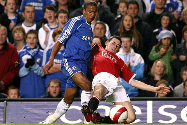 Manchester United's Kieran Lee (right) tackles Chelsea's Scott Sinclair during the Barclays Premiership match at Stamford Bridge, in May 2007 London.  Nick Potts/PA Wire.