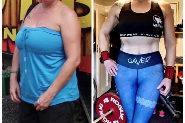 Kelly Clark, 58, of Rotherham, before and after she took up powerlifting, which she credits for her amazing transformation. Photo: Tom Maddick/SWNS