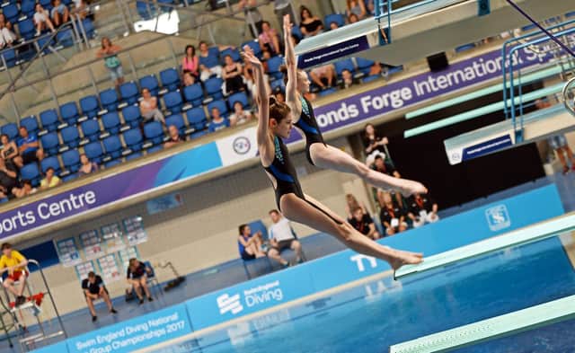 Sheffield's Sofia Sathio and Victoria Ward take to the boards for the Girls A/B 3M Synchro.Picture: Marie Caley NSST Diving MC 2