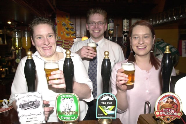 Wentworth Beer Festival, held at  George and Dragon, Wentworth.  Pictures from left  Caroline Ayers, Chris Leeson, manager  and Suzanne Jemison assistant manager in 2003