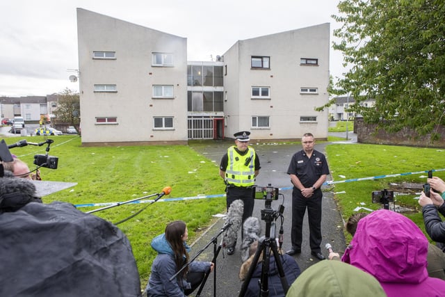 Chief Inspector Derrick Johnston, area commander for South Ayrshire and Scottish Fire and Rescue Service Area Commander, Ian McMeekin, talking to media near the scene, the day after the incident.