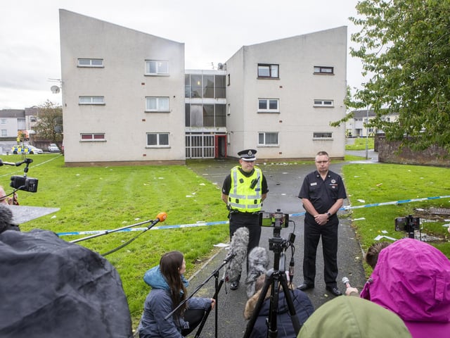 Chief Inspector Derrick Johnston, area commander for South Ayrshire and Scottish Fire and Rescue Service Area Commander, Ian McMeekin, talking to media near the scene, the day after the incident.