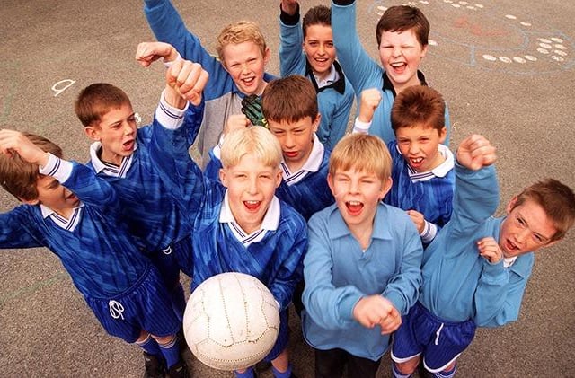 Pictured at the Mosborough Primary school, where the under 10's football team are seen cheering their top of the league status for the third year. The team includes, Matthew Hudson, Matthew Ellis, Michael Else, James Mitcham, Jason Biggin, Simon Clarke, Matthew Ginn, Scott Golland, Jamie Simpson, and John O'Neill, April 24, 1997
