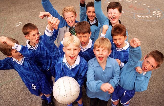 Pictured at the Mosborough Primary school, where the under 10's football team are seen cheering their top of the league status for the third year. The team includes, Matthew Hudson, Matthew Ellis, Michael Else, James Mitcham, Jason Biggin, Simon Clarke, Matthew Ginn, Scott Golland, Jamie Simpson, and John O'Neill, April 24, 1997