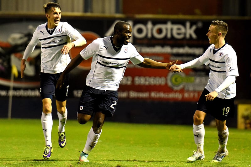 Christian Nade celebrates scoring with Barrie McKay and Grant Anderson during Raith Rovers' 2-1 home win against Cowdenbeath in November 2014