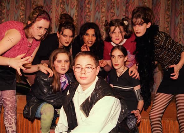 Newfield School, in 1998 where the Witches Emma Staley,Jennifer Gasston,Kelly Wainwright,Kelly Drewery,Catherine Moore and Sarah Firth  loom over "Macbeth" Matthew Biggins