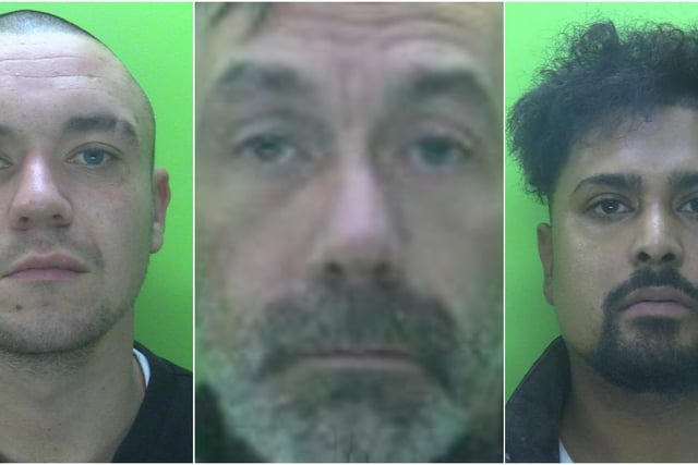 Richard Savage (pictured centre) forced his way into a property in Clater's Close, Retford, with an imitation machine gun and threatened to shoot the five people inside unless money was paid to clear part of an alleged drug debt.
Savage, 41, of Masbrough Street, Rotherham,  pleaded guilty to aggravated burglary, conspiracy to blackmail, and possessing an imitation firearm with intent to cause fear of violence. He was sentenced to nine years and six months in prison. 
Ricky Hobson, 27, (pictured left) of Brampton Meadows, Rotherham, pleaded guilty to burglary and theft and was jailed for 22 months at a previous hearing.
Jaheed Rahman, 37, (pictured right) of Ousebarn Street, Sheffield, later pleaded guilty to conspiracy to blackmail and was sentenced to three years and two months in prison.
