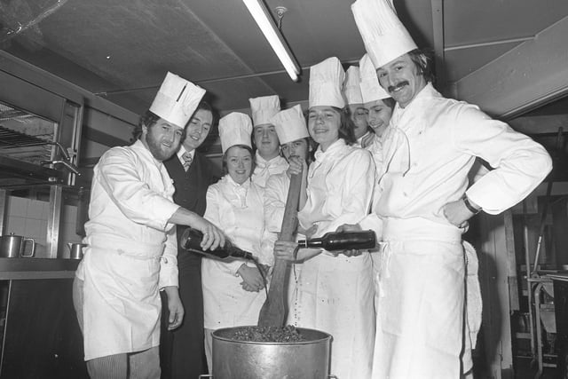Stirring the pudding at the Seaburn Hotel in 1975 is commis chef John Anderson.  Also in the picture are sous chef (Mr Davies (far left); the assistant manager, Mr Les Luke (second left) and head chef Mr Bell.