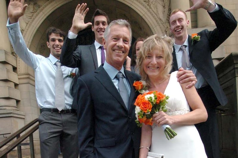 Volleyball head coach Harry Brokking and his bride, Monika Bednarczyk pictured at their wedding at Sheffield Town Hall, with three members of the Olympic GB volleyball team, Andrew Pink, Ben Pipes and Mark McGivern, on August 23, 2010