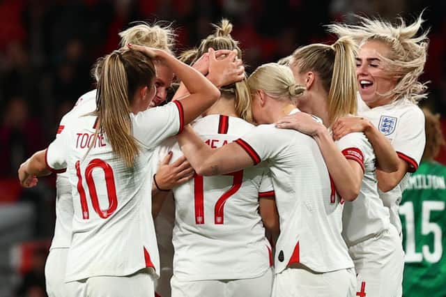 England and Arsenal forward, Beth Mead, scored a hattrick for the Lionesses on Saturday. (Photo by ADRIAN DENNIS/AFP via Getty Images)