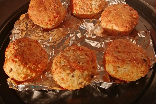 Cheese and olive scones, ready to eat.